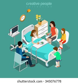 Hospital ward patient bed family care visiting flat 3d isometry isometric medical concept web vector illustration. Young sick female eating husband sister children speaking. Creative people collection