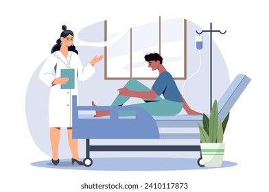 Hospital con paciente. Mujer con abrigo médico y hombre en la cama. Paciente bajo techo. Atención médica y medicina, tratamiento. Dibujo vectorial plano de dibujos animados aislado en fondo blanco