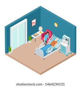 Hospital ward, resuscitation interior vector. Isometric nurse caring for older man. Illustration of medical care hospital, patient healthcare in ward