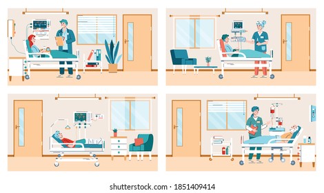 Hospital ward scenes set with doctors and patients cartoon characters, flat vector illustration. Health clinic patients receive intensive therapy treatment.