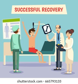 Hospital ward successful recovery scene with doctor assistent nurse and patient poster flat comic orthogonal vector illustration 