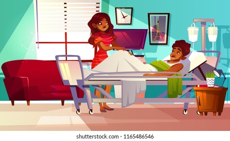 Hospital Ward Vector Illustration Of Afro-American Black Woman Visitor Supports Patient Man Lying On Medical Couch. Cartoon Interior Background With Intensive Care Unit And Furniture