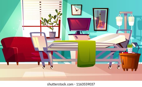 Hospital Ward Vector Illustration Of Clinic Patient Room. Cartoon Medical Empty Interior Background With Couch, Intensive Care Unit Or Medicine Dropper, Chair Furniture Or Computer And Plant