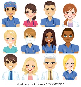 Hospital worker avatars team of doctors and nurses