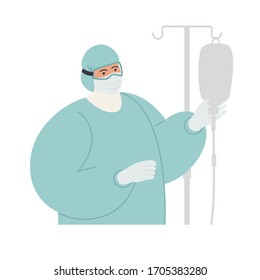 Trabajador hospitalario revisando una terapia con goteo salino IV Personal médico que usa equipo de protección personal para profesionales médicos Dibujo plano vectorial aislado sobre fondo blanco