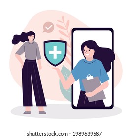 Hospital worker on phone screen offer to arrange medical insurance. Female doctor consulting patient. Health insurance protection. Online healthcare concept. Medical service. Flat vector illustration