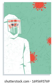 Hospital worker wearing PPE, personal protective equipment to care for Coronavirus COVID-19 patients during pandemic. Poster or banner template design with space for text.