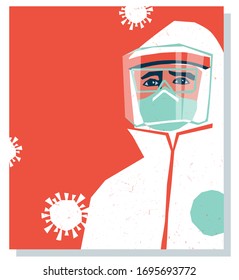 Hospital worker wearing PPE, personal protective equipment to care for Coronavirus COVID-19 patients during pandemic. Poster or banner template design with space for text.