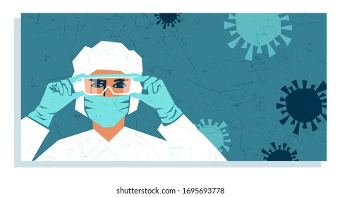 Hospital worker wearing PPE, personal protective equipment to care for Coronavirus COVID-19 patients during pandemic. Poster or banner template design with space for text.