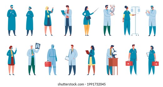 Hospital workers. Healthcare characters doctors, nurses, surgeons, physicians in professional uniforms. Medical staff team vector set. Scientist doing research with microscope, people in gown