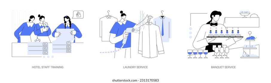 Hospitality business abstract concept vector illustration set. Hotel staff training, laundry and ironing service, banquet and catering event, hotel waitress serving dishes abstract metaphor.