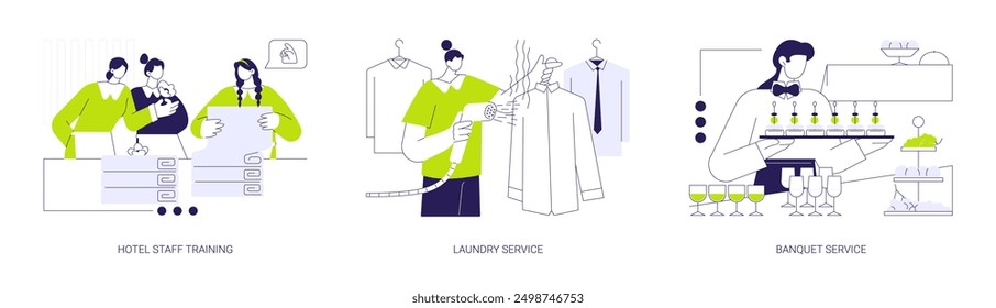 Hospitality business abstract concept vector illustration set. Hotel staff training, laundry and ironing service, banquet and catering event, hotel waitress serving dishes abstract metaphor.