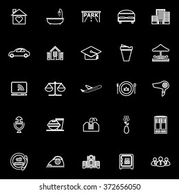 Hospitality business line icons on black background, stock vector