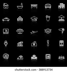 Hospitality business line icons with reflect on black background, stock vector