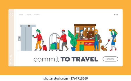 Hospitality, Characters Arrive and Leave Hotel Landing Page Template. People at Reception Take Keys from Room at Clerk Desk. Lobby Staff Meet Guests. Bellboy Carry Luggage. Linear Vector Illustration