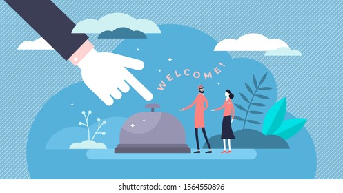 Hospitality concept flat tiny persons vector illustration. Large finger and hotel bell sign with reception stuff. Doorman and manager welcoming new client arrival on check in. Tourism industry work.