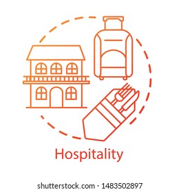 Hospitality concept icon. Lodging industry. Restaurant and hotel service. Accommodation for travelers. Tourist sector idea thin line illustration. Vector isolated outline drawing. Editable stroke