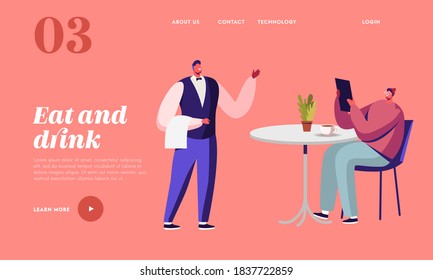 Hospitality, Consumerism Landing Page Template. Young Man Ordering Food with Menu and Relaxing in Cafe. Waiter Take Order. Tourist Character Relax in Restaurant. Cartoon People Vector Illustration