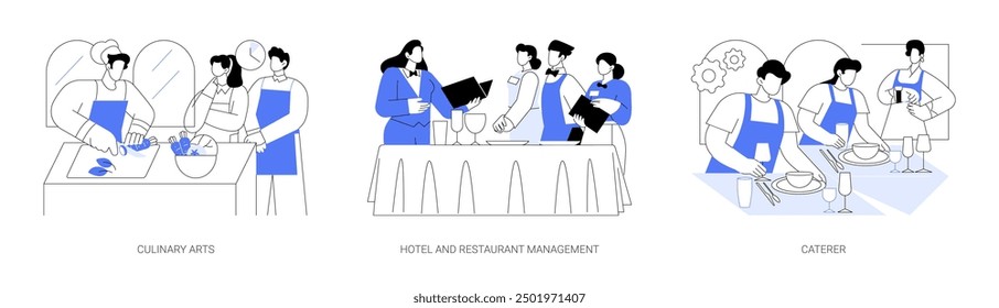 Hospitality courses isolated cartoon vector illustrations set. Diverse students learn to cook with the chef, culinary arts school, hotel and restaurant management, caterer profession vector cartoon.