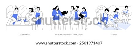 Hospitality courses isolated cartoon vector illustrations set. Diverse students learn to cook with the chef, culinary arts school, hotel and restaurant management, caterer profession vector cartoon.