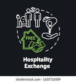 Hospitality exchange chalk RGB color concept icon. Money saving tourism, cheap accommodation idea. Free stay arrangement. Vector isolated chalkboard illustration on black background