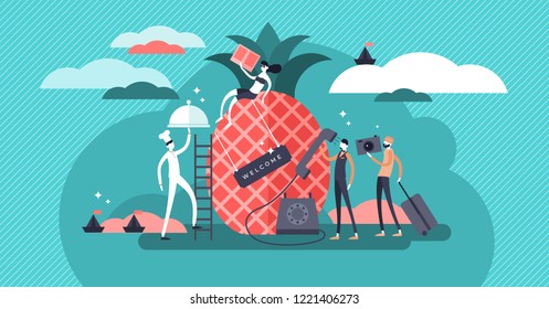 Hospitality flat vector illustration. Abstract image with tourists and holiday travelers. Stylized banner with waiter, housekeeper and receptionist. Good service, caring and welcome feeling industry.