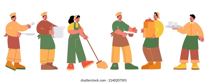 Hospitality and food industry employees, people farmer with harvest in box, janitor with mop, restaurant chef and waiter, cafe team men and women characters in uniform, Line art vector illustration