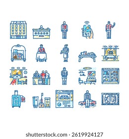 hospitality hotel service doodle icons set vector. food, business reception, bed, event party, staff, breakfast, room restaurant, work hospitality hotel service sketch hand drawn