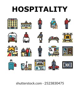 hospitality hotel service icons set vector. food, business reception, bed, event party, staff, breakfast, room restaurant, work hospitality hotel service color line illustrations