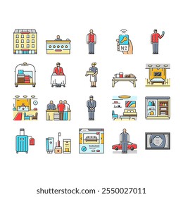 hospitality hotel service icons set vector. food, business reception, bed, event party, staff, breakfast, room restaurant, work hospitality hotel service color line illustrations