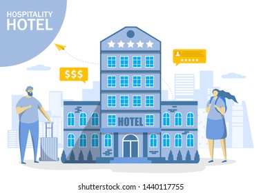 Hospitality hotel, vector flat style design illustration. Luxury hotel building, characters man and woman travelers. All inclusive hotel and resort concept for web banner, website page, etc.