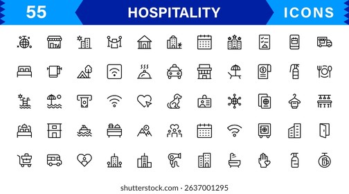 Hospitality Icon Collection with Hotel, Service, Room, Food, and Reception Symbols in Minimalist, Marketable Vector Style for Digital Assets
