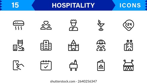 Hospitality Icon Collection with Hotel, Service, Room, Food, and Reception Symbols in Minimalist, Marketable Vector Style for Digital Assets