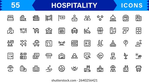 Hospitality Icon Collection with Hotel, Service, Room, Food, and Reception Symbols in Minimalist, Marketable Vector Style for Digital Assets