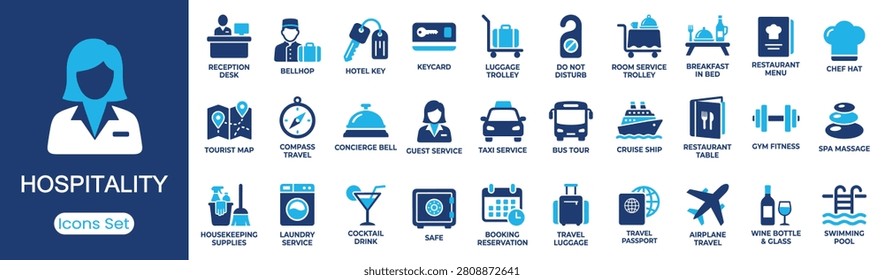 Hospitality icon set. Containing reception desk, hotel key, concierge service, room service, booking reservation and more. Solid vector icons collection