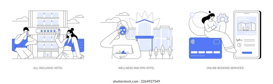 Hospitality industry abstract concept vector illustration set. All-inclusive hotel, wellness and spa online booking, travel agency, check in, room service, family vacation abstract metaphor.