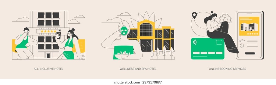 Conjunto de ilustraciones vectoriales abstractas de la industria de la hospitalidad. Hotel todo incluido, wellness y spa online, agencia de viajes, registro de entrada, servicio de habitaciones, metáfora abstracta de vacaciones familiares.