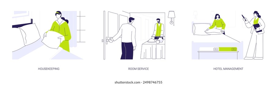 Conjunto de Ilustración vectorial de concepto abstracto de la industria de la hospitalidad. Servicio de limpieza y limpieza de habitaciones, administración del hotel, hacer la cama en la habitación del hotel, alojamiento en la metáfora abstracta del complejo de lujo.