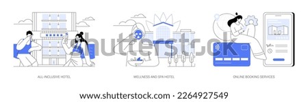 Hospitality industry abstract concept vector illustration set. All-inclusive hotel, wellness and spa online booking, travel agency, check in, room service, family vacation abstract metaphor.