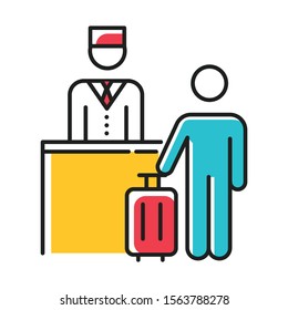 Hospitality industry color icon. Customer with suitcase. Tourist. Receptionist, concierge. Hotel management services. Reservation, checkout desk. Tourism business. Isolated vector illustration