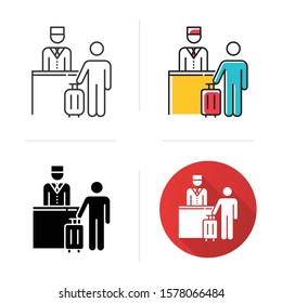 Hospitality Industry Icon. Customer With Suitcase. Tourist. Receptionist, Concierge. Hotel Management. Reservation, Checkout Desk. Flat Design, Linear And Color Styles. Isolated Vector Illustrations