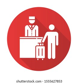 Hospitality industry red flat design long shadow glyph icon. Receptionist with tourist. Hotel management services. Reservation, checkout desk. Tourism business. Vector silhouette illustration