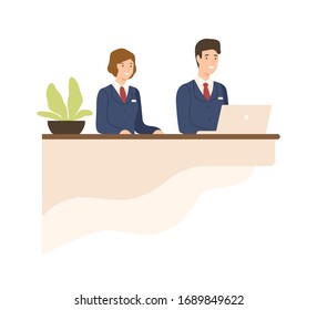 Hospitality male and female in uniform at counter vector flat illustration. Friendly cartoon receptionist working on desk reception isolated on white. Smiling operating personnel employee