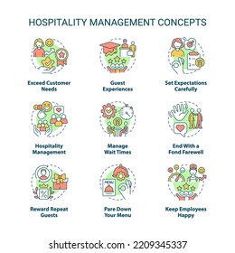 Hospitality Management Concept Icons Set. Restaurant, Hotel Industry Idea Thin Line Color Illustrations. Guest Experience. Isolated Symbols. Editable Stroke. Roboto-Medium, Myriad Pro-Bold Fonts Used