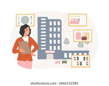 Hospitality management isolated concept vector illustration. Hotel business processes, resort management system, accommodation manager, customer service, travel office, lobby vector concept.