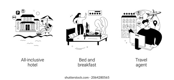 Hospitality resort abstract concept vector illustration set. All-inclusive hotel, bed and breakfast, travel agent, amily vacation, beach bungalow, sea shore, summer season, check in abstract metaphor.