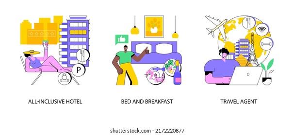 Hospitality Resort Abstract Concept Vector Illustration Set. All-inclusive Hotel, Bed And Breakfast, Travel Agent, Amily Vacation, Beach Bungalow, Sea Shore, Summer Season, Check In Abstract Metaphor.