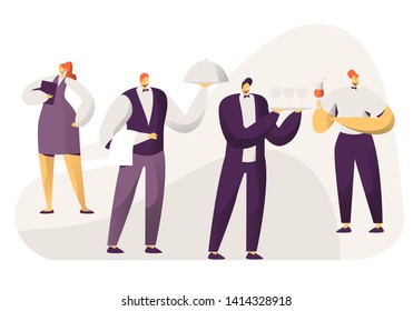 Hospitality, Restaurant Staff Characters in Uniform. Administrator Woman with Notebook, Barman with Drinks, Men Waiters Holding Tray with Dish Under Silver Cloche Lid Cartoon Flat Vector Illustration