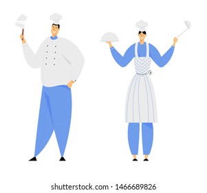 Hospitality, Restaurant Staff Characters in Uniform. Smiling Woman in Apron Holding Tray with Dish Under Silver Cloche Lid and Ladle, Man in Chef Toque with Beef Knife Cartoon Flat Vector Illustration