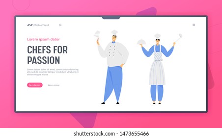 Hospitality, Restaurant Staff Website Landing Page, Characters in Uniform. Woman in Apron Holding Dish and Ladle, Man in Chef Toque with Beef Knife Web Page. Cartoon Flat Vector Illustration, Banner